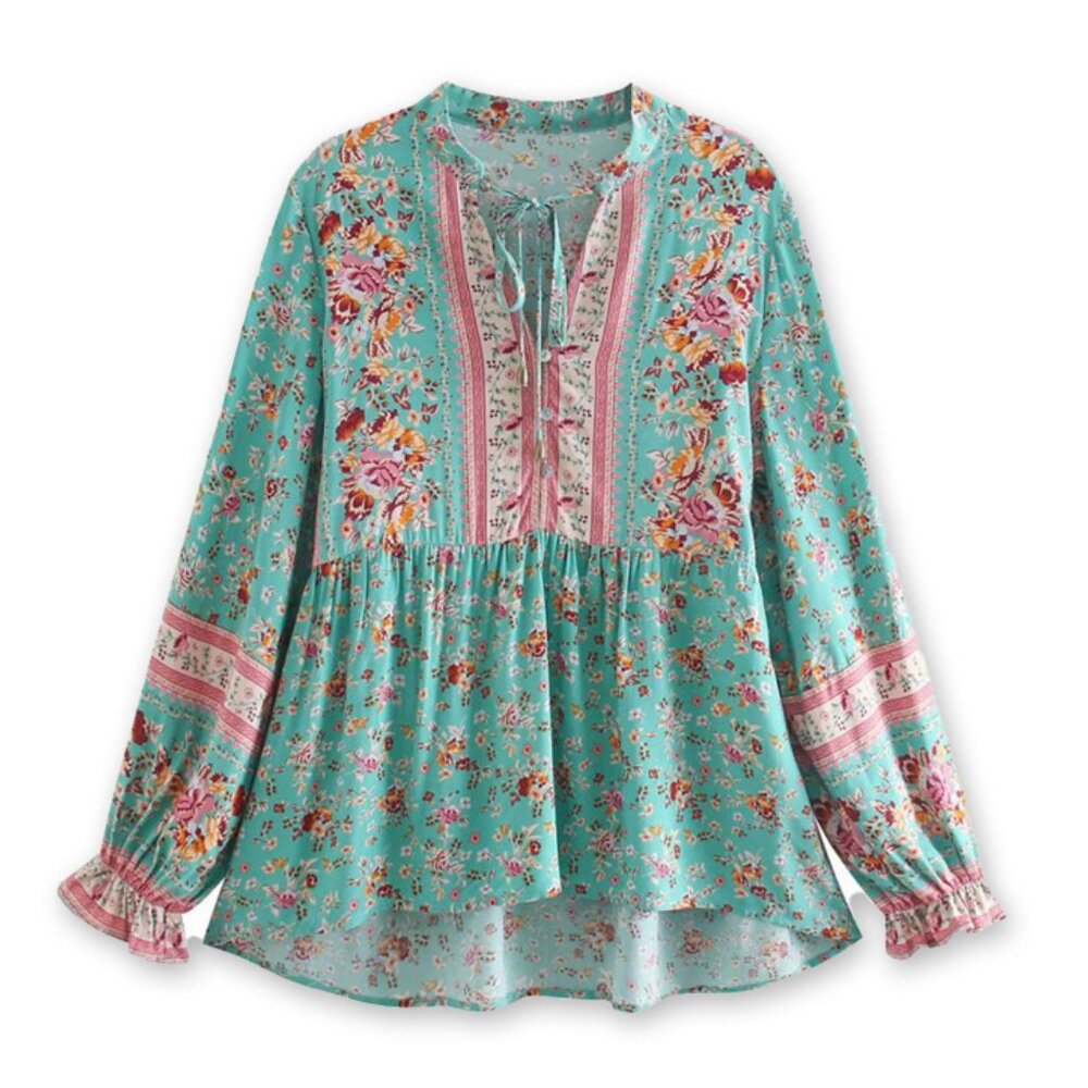 Seaglass Bloom Floral Long Sleeve Boho Blouse,  Cottagecore Cotton Top